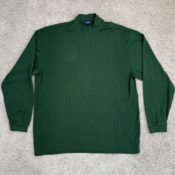 IZOD Mock Neck Long Sleeve Top Men L Green Ribbed Knit Casual Cotton Blend Shirt - Picture 1 of 9